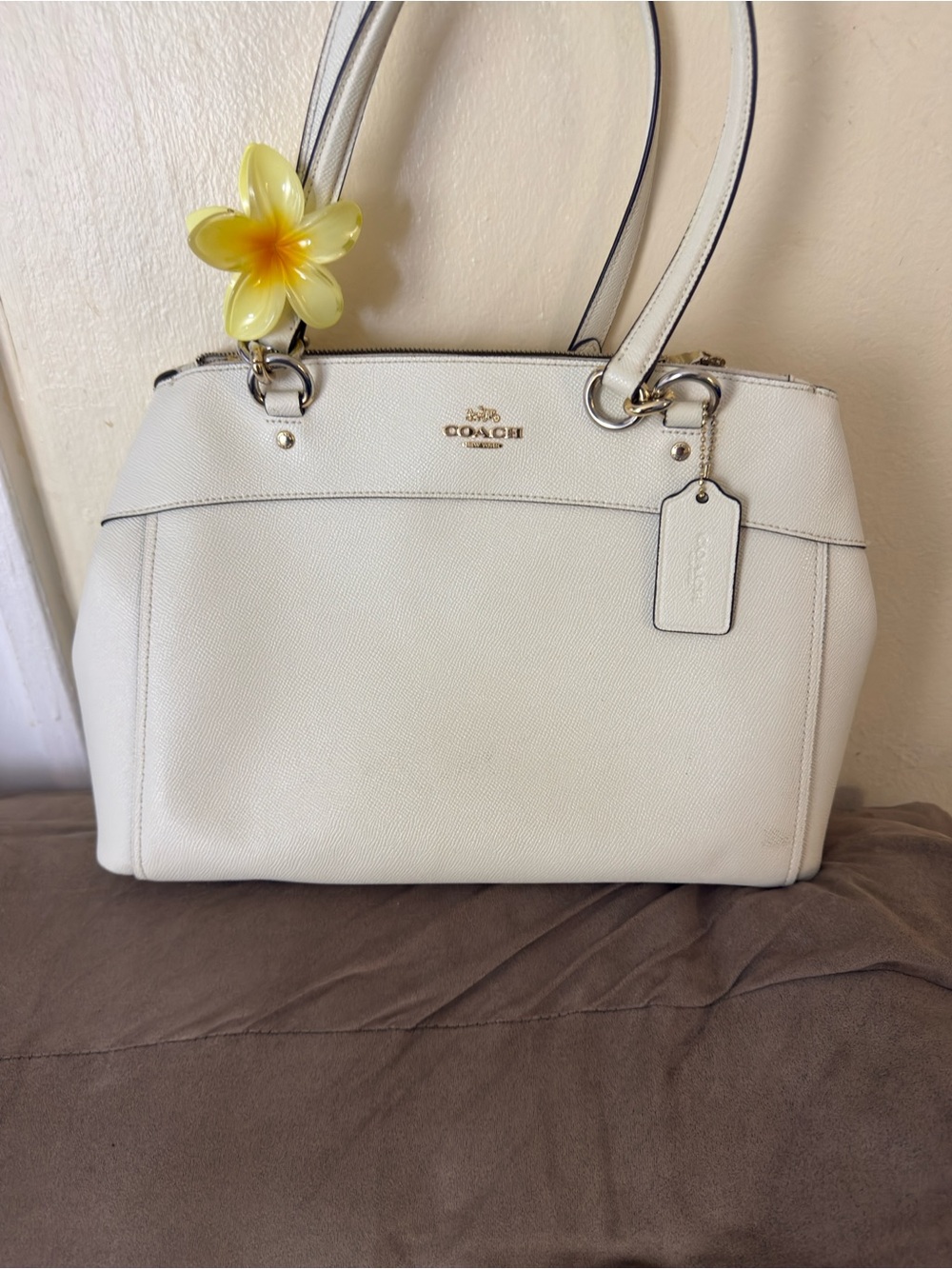 Coach Cream Leather Double-Handle Satchel with Gold Hardware